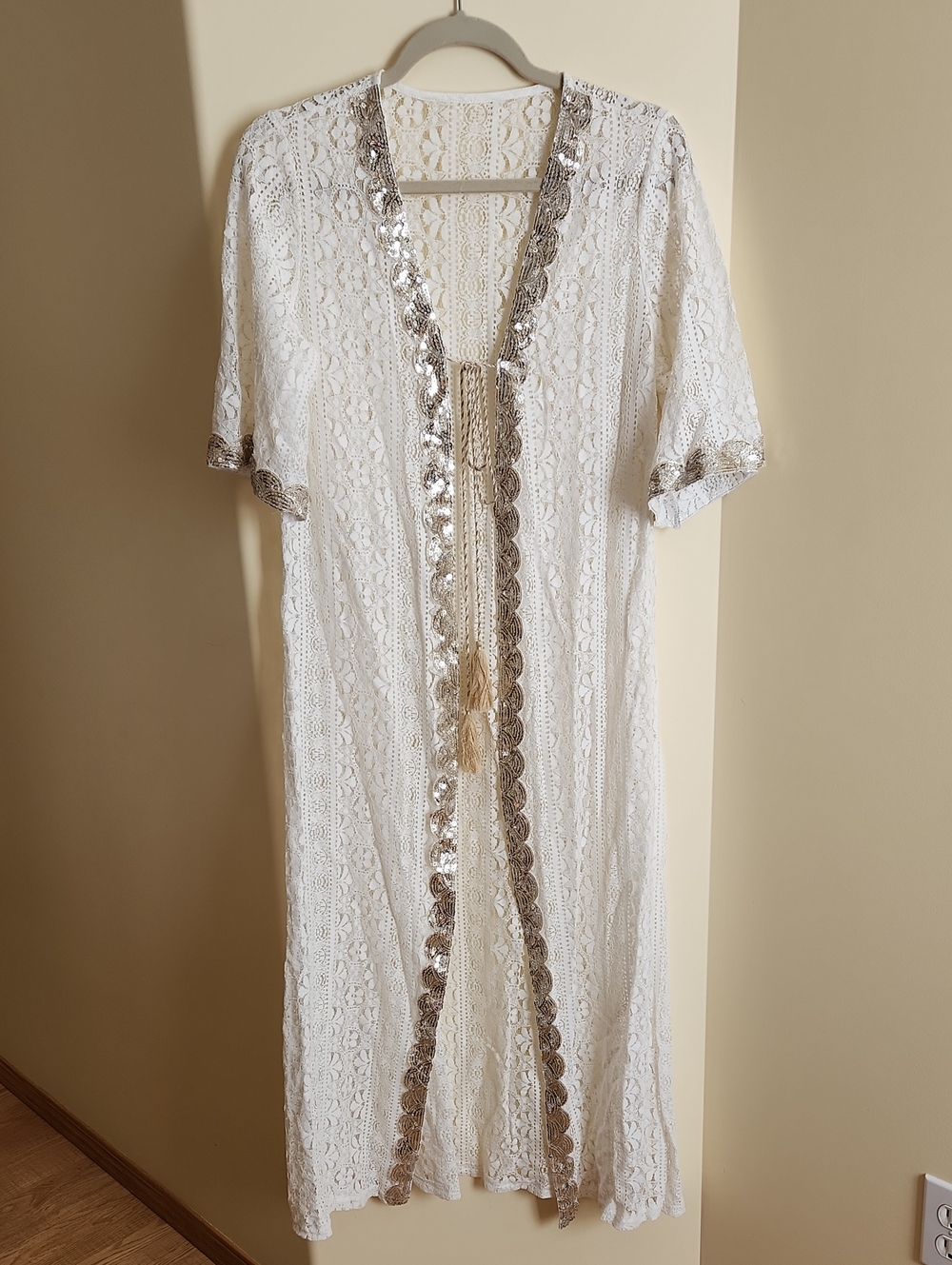 White Lace Cover-Up with Bronze Sequin Metallic Trim